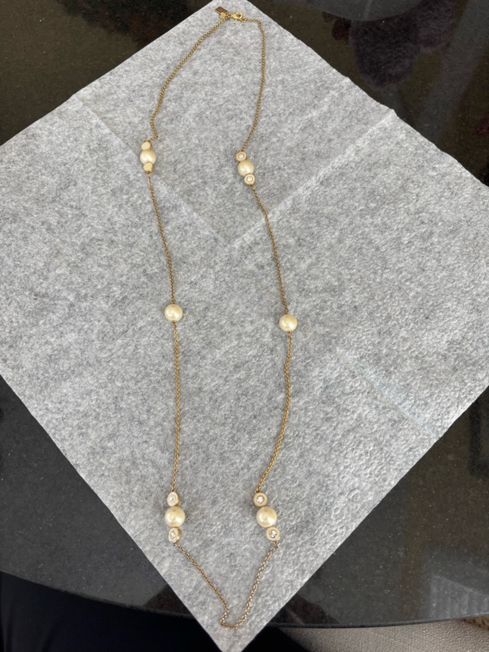 Kate Spade Gold Tone 32 in Long Necklace with Pearl and Crystal Accents